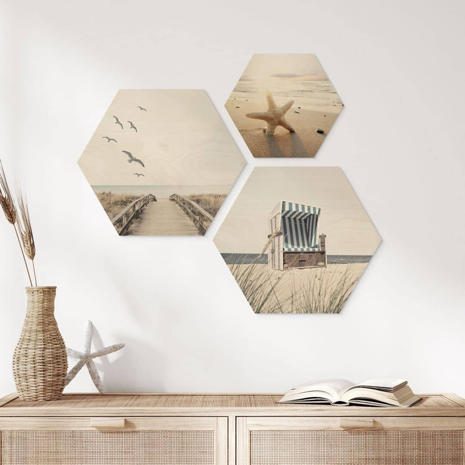 Hexagon Holzbild Strand und Meer Set (3-teilig)