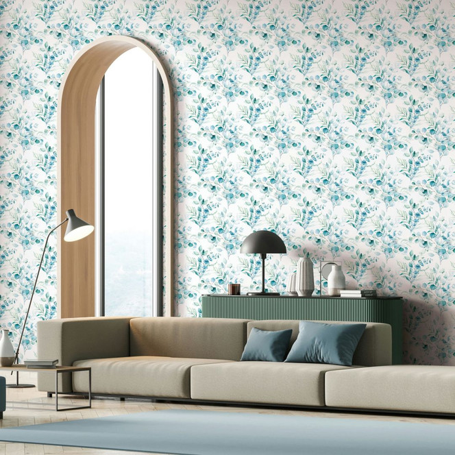 Vliestapete Blätter, Äste Floral Natur matt in Weiss Blau