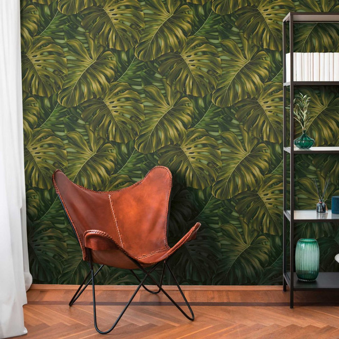 Dschungel-Tapete Monstera Grün - Vliestapete mit tropischem Blättermuster - Pflanzen-Tapete