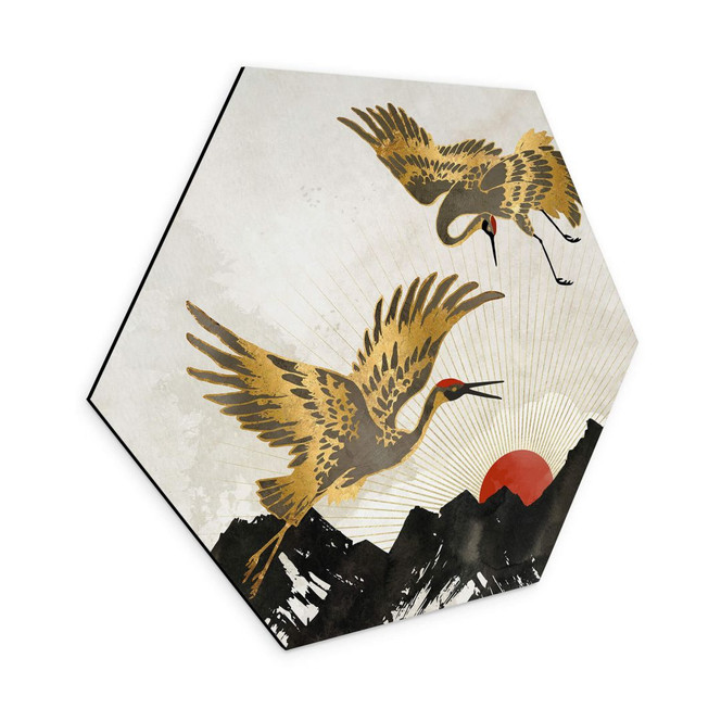 Hexagon Wandbild SpaceFrog Designs - Goldene Kraniche - Alu-Dibond