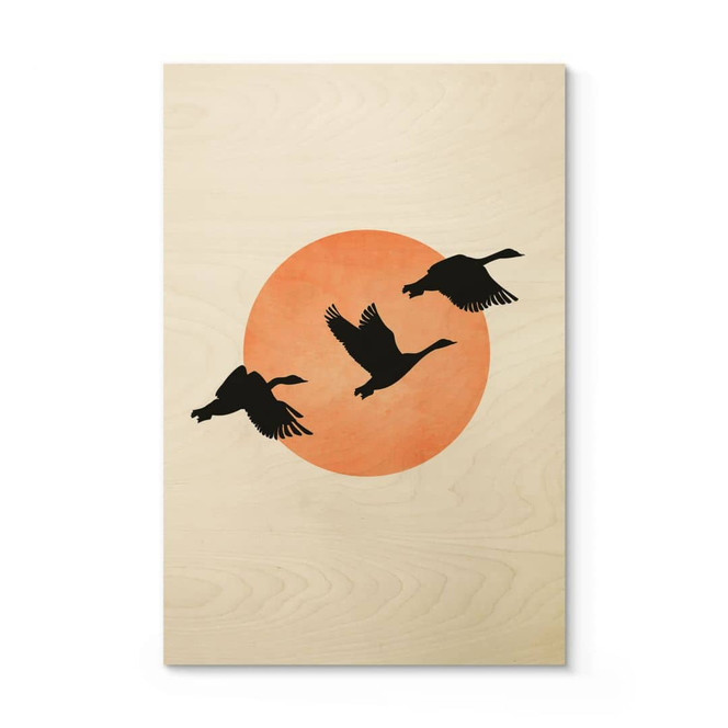 Holzbild Vögel vor der pfirsichfarbenen Sonne - Kubistika