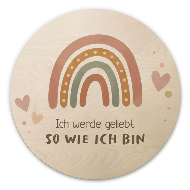 Rundes Holzbild mit Boho-Regenbogen - "Ich werde geliebt"