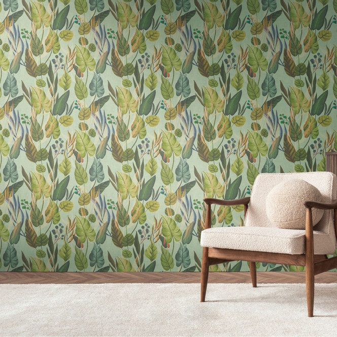 Botanik-Tapete Hellgrün Bunt – Dschungel-Mustertapete mit Blättern – Vliestapete