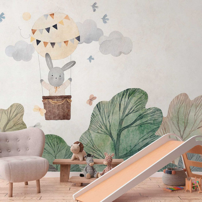 Fototapete Kinderzimmer Hase Heissluftballon - Vliestapete mit Tiermotiv für Babyzimmer