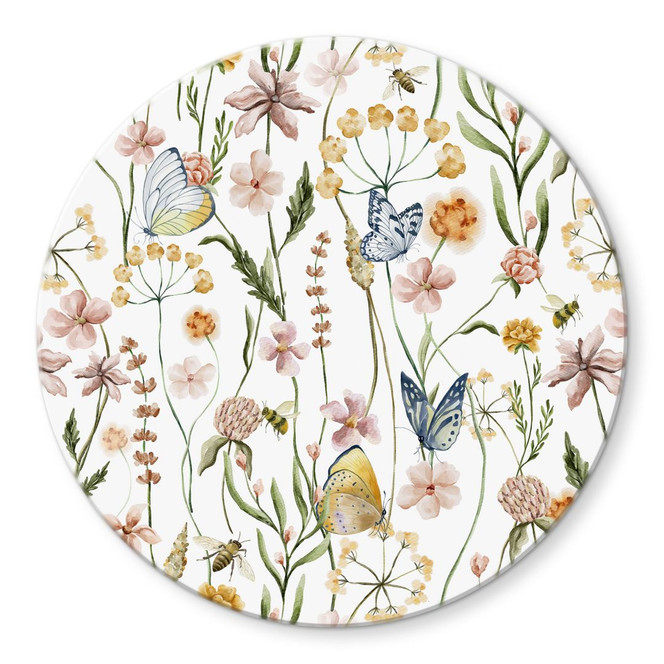 Glasbild Frühlingswiese mit Schmetterlingen - UN Designs - Rund