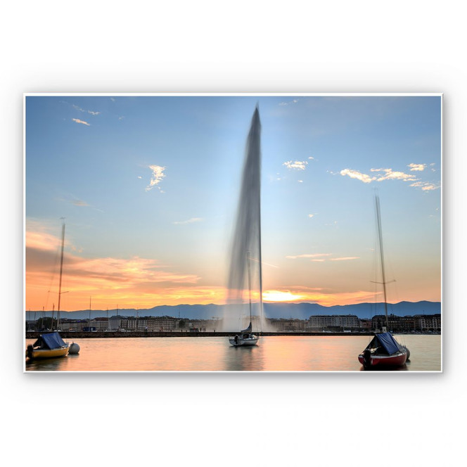 Wandbild Wasserfontäne im Genfer Sonnenuntergang
