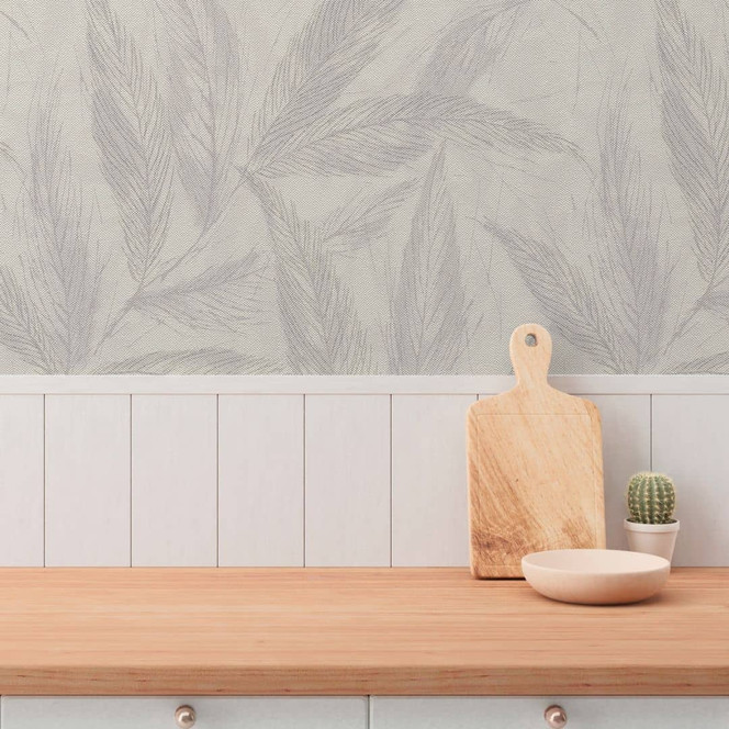 Pflanzen-Tapete Grau Weiss Beige – Vliestapete mit feinem Blattmuster matt