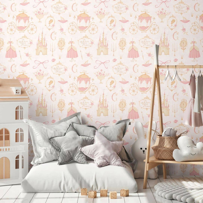 Prinzessinnen-Tapete Rosa Beige - Kindertapete mit Schloss & Kutsche