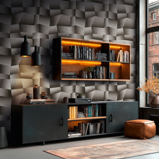 Vliestapete Damian Refined Dimensions 3D Geometrisch Grau Schwarz - Tapete metallic moderne