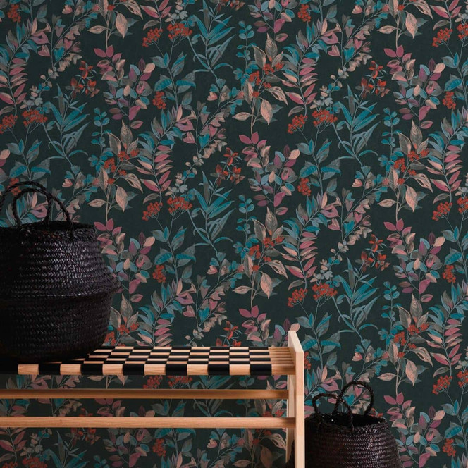 Blumen-Tapete mit Blüten Schwarz bunt - Vliestapete floral im Aquarell-Stil