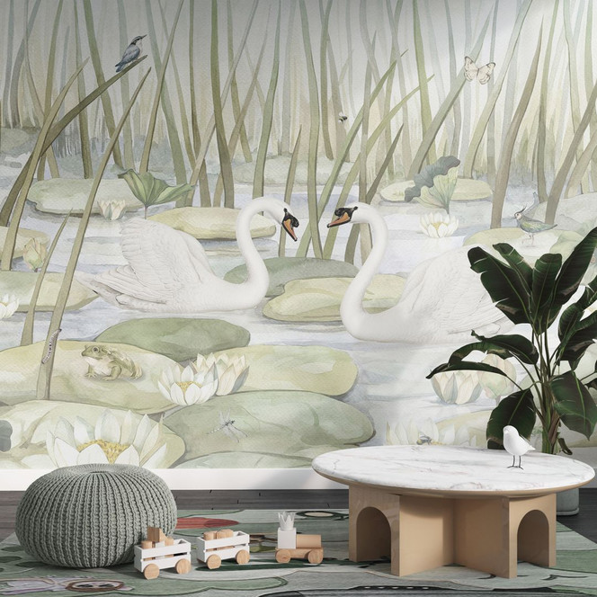 Fototapete für das Kinderzimmer - Zwei Schwäne im Teich - Kikki Belle