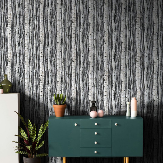 Vliestapete mit Wäldern und Buchenbäumen grau, blau Floral