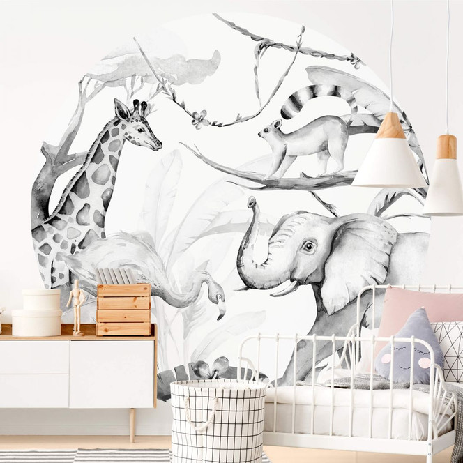 Fototapete Kvilis - Tierfreunde im Dschungel - schwarz-weiss - Rund - Selbstklebend/Vlies