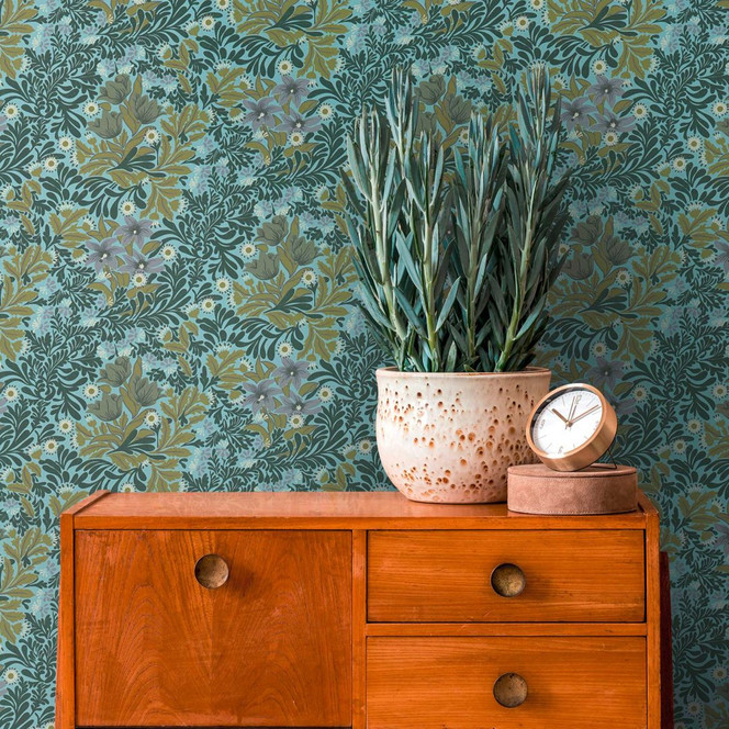 Mustertapete floral Grün Blau - Tapete mit Blumen und Blättern