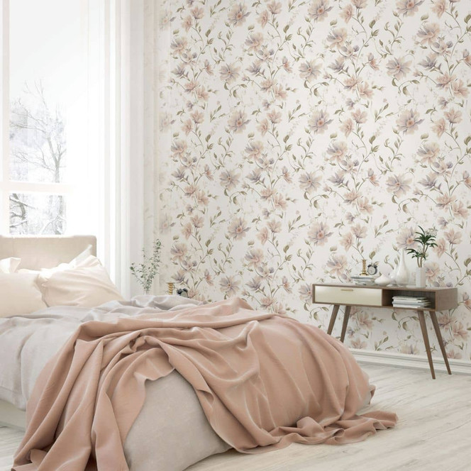 Vliestapete Blumen, Blätter Floral Natur matt in Weiss Grün