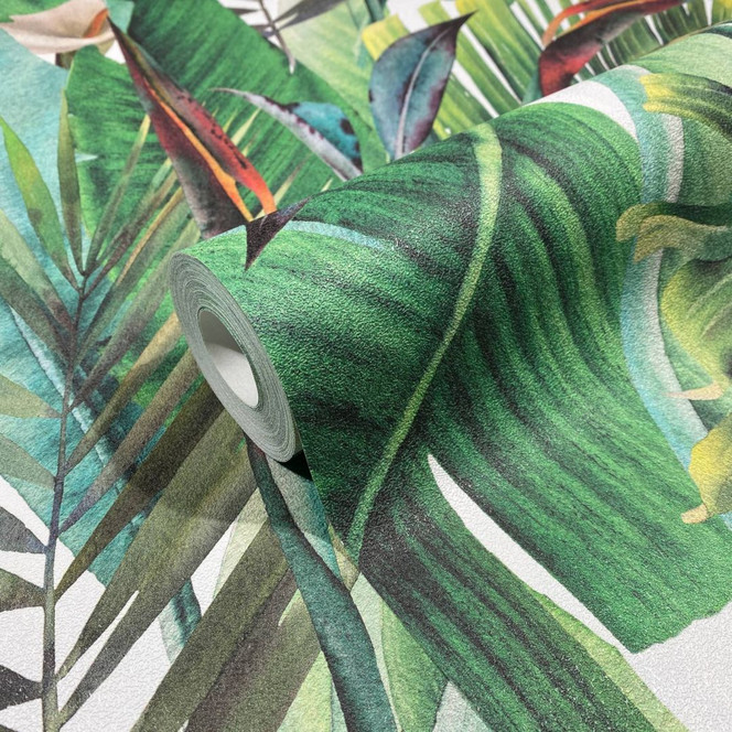 Vliestapete in Blattmotiv mit versteckten Tieren grün, rot Floral