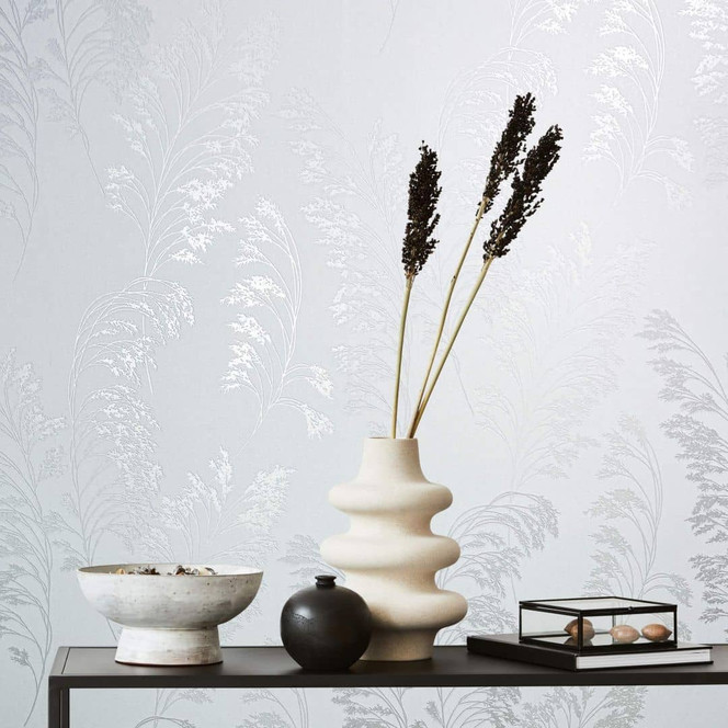 Vliestapete mit sanftem Blattmotiv weiss, pearl Floral