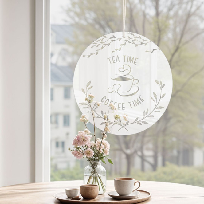 Acrylglasbild, Fensterbild zum Aufhängen Auszeit mit Kaffee und Tee - Rund