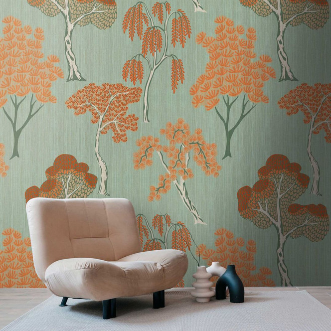 Baum-Tapete Grün Orange - Vliestapete mit Retro-Motiv für Wohnzimmer & Schlafzimmer