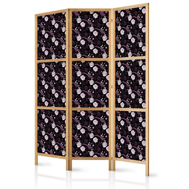 Japanischer Paravent, Raumteiler freistehend, Trennwand - Birds Among Flowers - Purple