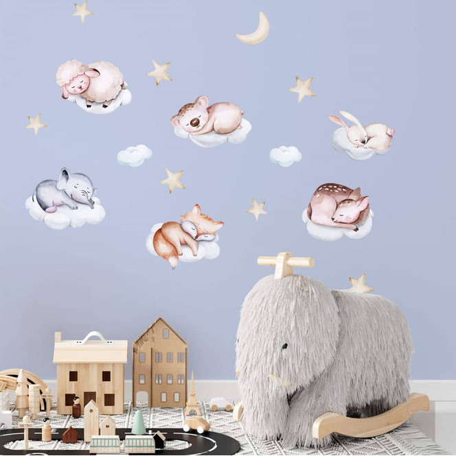 Kinderzimmer Wandtattoo Auf Wolken schlafende Tiere mit Mond und Sternen (16-teilig) - Kvilis