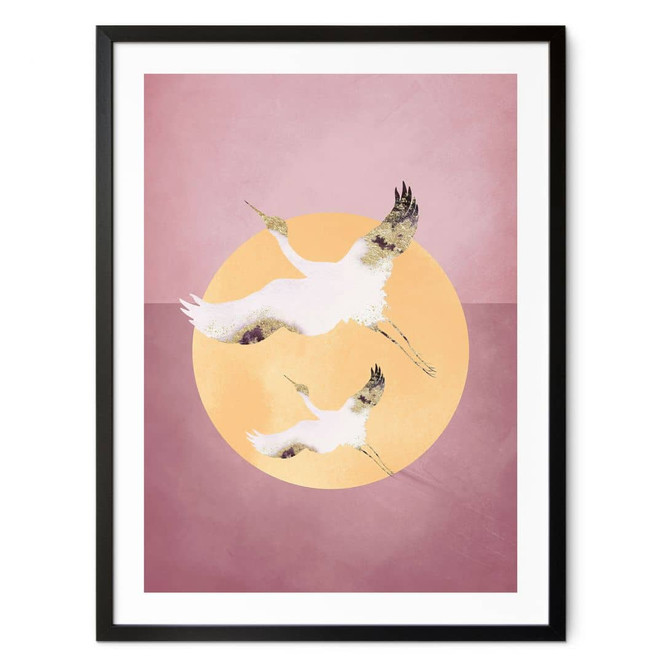 Poster Weiss-goldene Kraniche am pinken Himmel - Aureous