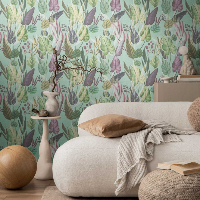 Botanik-Tapete Türkisgrün Bunt – Pflanzen-Mustertapete modern – Vliestapete
