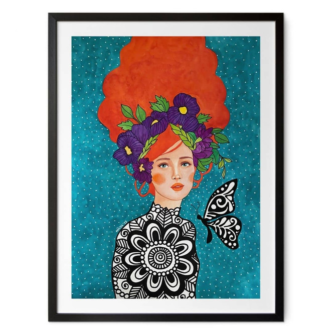 Poster Frauenporträt - Schmetterlingsfrau mit Blütenkranz - Hülya