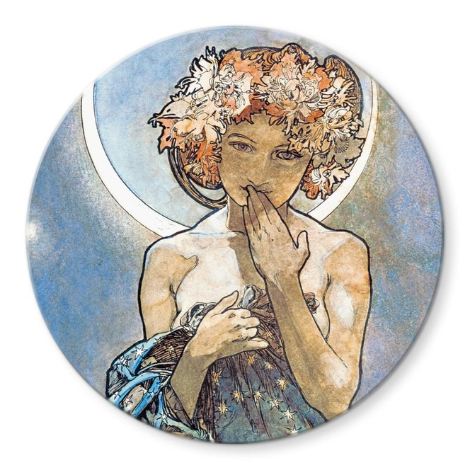 Glasbild Mucha - Sterne: Der Mond - Rund