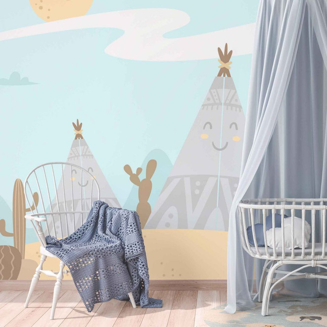 Fototapete Kinderzimmer Western in blau gelb - Vliestapete Designwalls 2 - 2.55x3.5 m