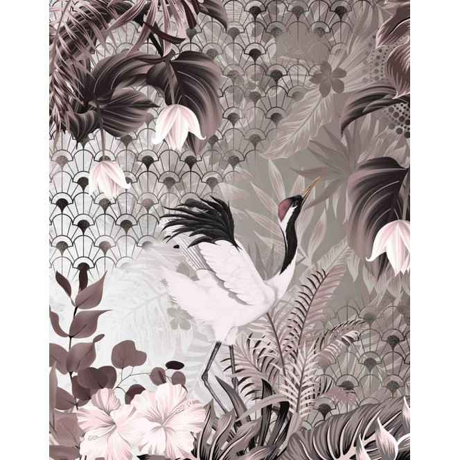 Fototapete Motivtapete Kranich mit Art Deco Muster und Blumen in Grau Schwarz 2.7 x 2.12 m