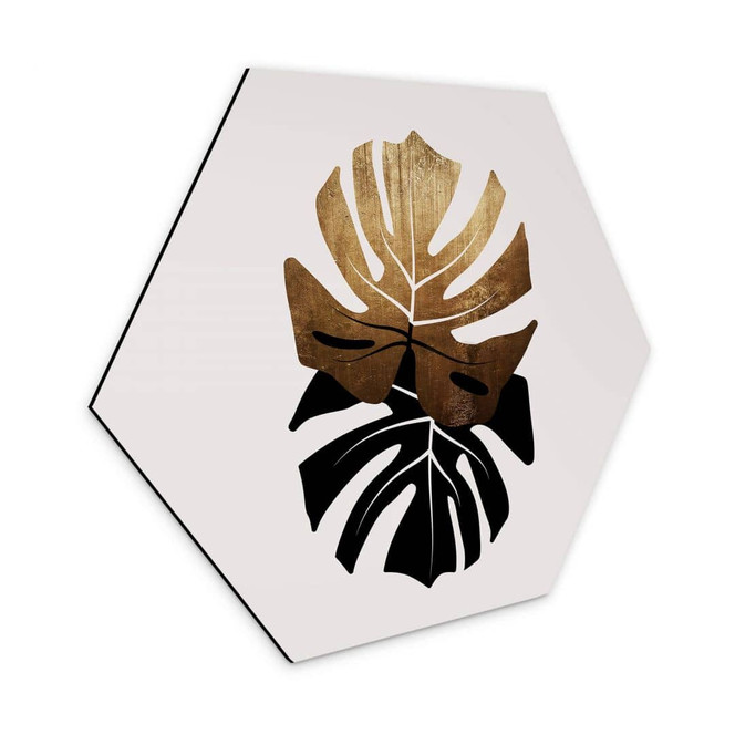 Hexagon - Alu-Dibond Kubistika - Schwarz-goldene Monstera Blätter