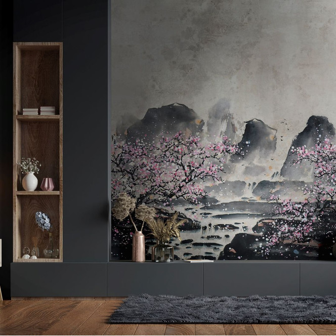 Fototapete Wandtapete mit Motiv Aquarell Berge mit Kirschblüten in Grau Rosa 3.4 x 2.12 m
