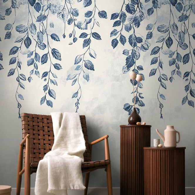 COSMOPOLITAN Fototapete Blätter Ranken Blau Weiss - Design Vliestapete Natur