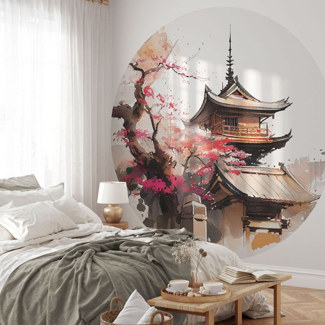 Fototapete Japanische Pagode mit Kirschblüten - Jaszke - Rund - Selbstklebend/Vlies