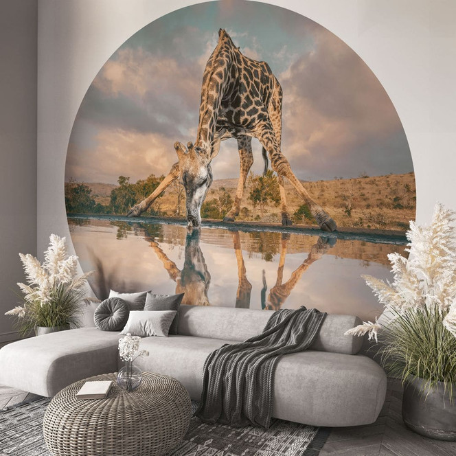 Fototapete Reflexion einer Giraffe in der Wildnis | Safari Tapete - Amtmann - Rund - Selbstklebend/Vlies