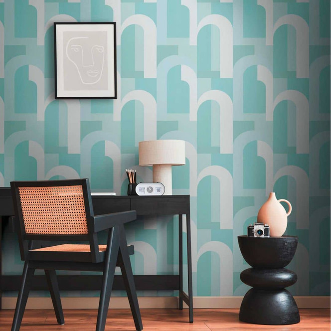 Grafik-Tapete im Art-Deco Stil Türkis Weiss - Vliestapete mit Retro-Muster