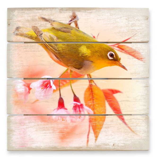 Holzbild Vogelgezwitscher in der Kirschblüte - 40 x 41.5 cm