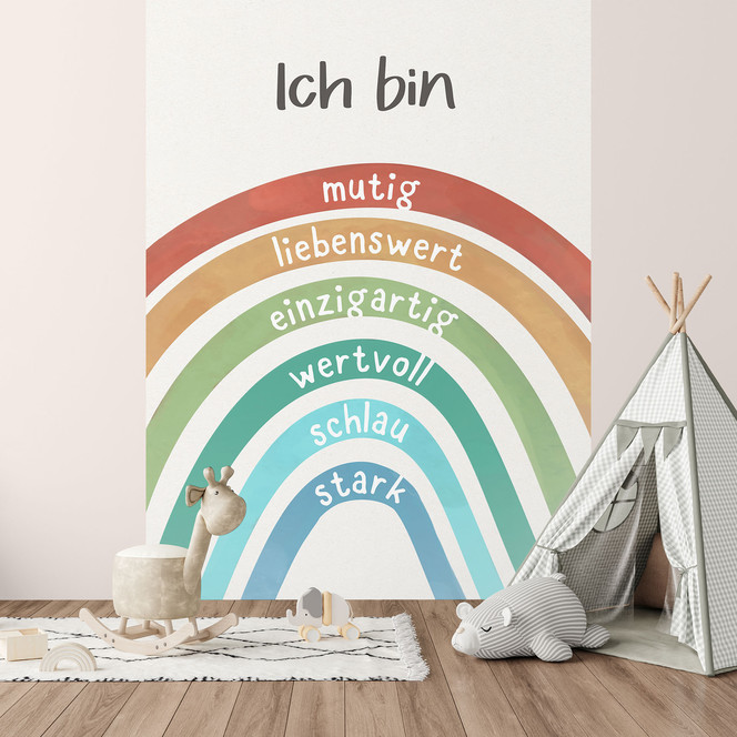 Kinderzimmer-Tapete mit Regenbogen und Selbstliebe-Sprüchen