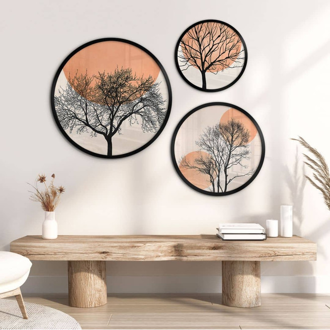 Poster-Set Kubistika - Warmer Sonnenuntergang in Pfirsichfarben (3-teilig) - Rund