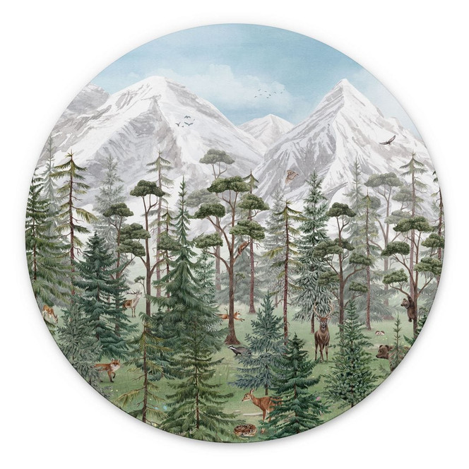 Wandbild Waldtiere im grünen Alpenwald - Kikki Belle - Alu-Dibond Rund