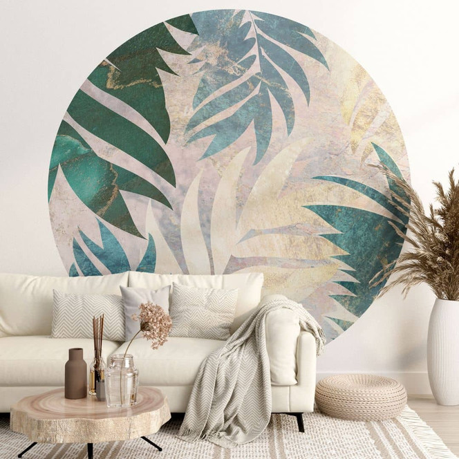 Dschungel Fototapete Exotische Palmenblätter in Gold-grün - Manovski - Rund - Selbstklebend/Vlies