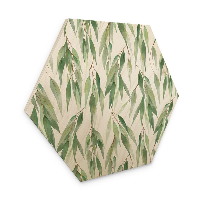 Hexagon-Holzbild Zweige mit grünen Blättern - UN Designs