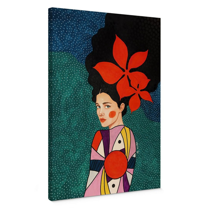 Leinwandbild Frau mit roten Blüten und Musterkleid - Hülya