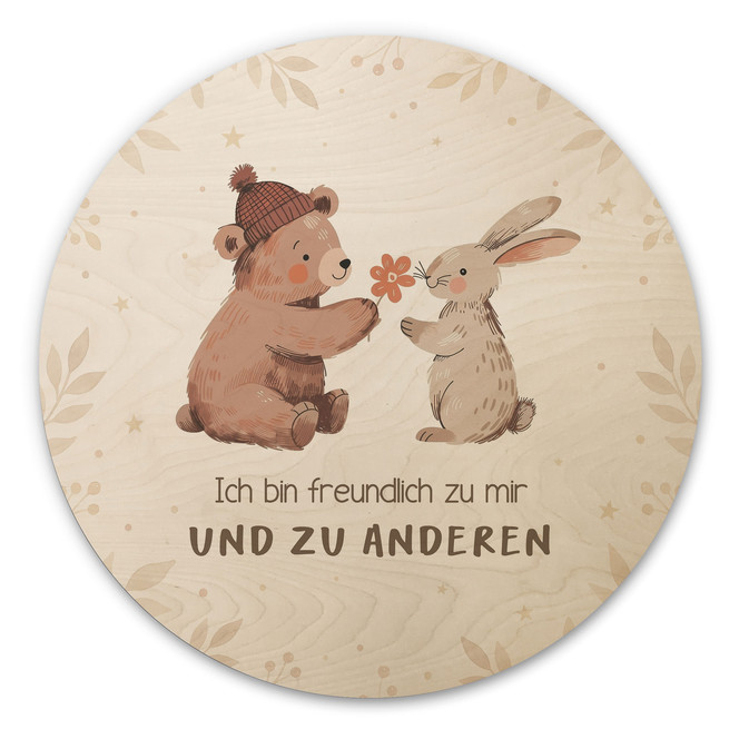 Rundes Holzbild mit Bär und Hase - "Ich bin freundlich"