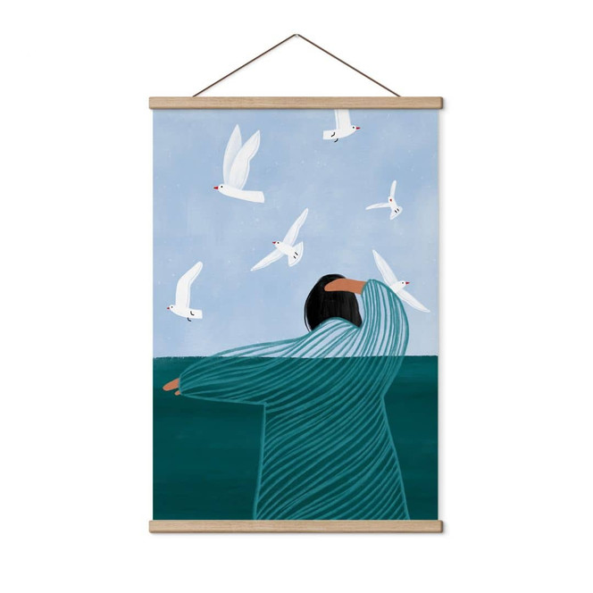 Stoffbild Frau mit Möwen am Meer - Müller