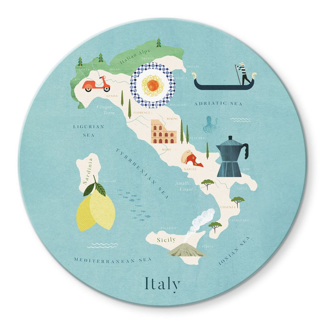 Glasbild Karte von Italien - Rivers - Rund