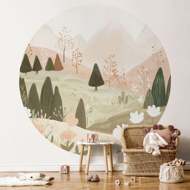 Fototapete Pastell Berglandschaft mit Blumen - Treechild - Rund - Selbstklebend/Vlies