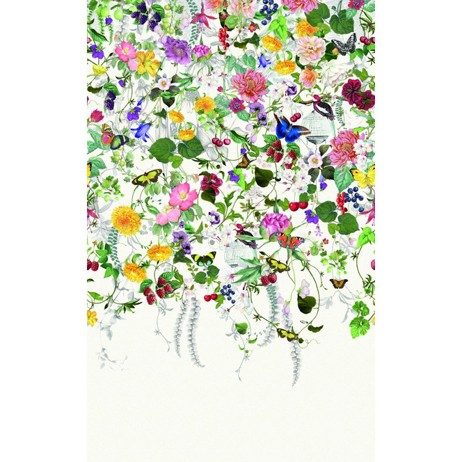 Fototapete Wandtapete mit Motiv Bunte Blumenwiese mit Schmetterlingen und Vögeln 3.4 x 2.12 m