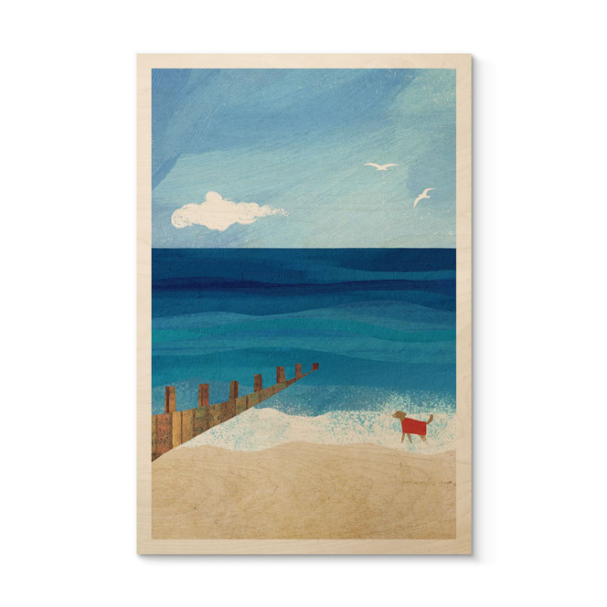 Holzbild Sommerstrand mit Hund am Meer - Rivers